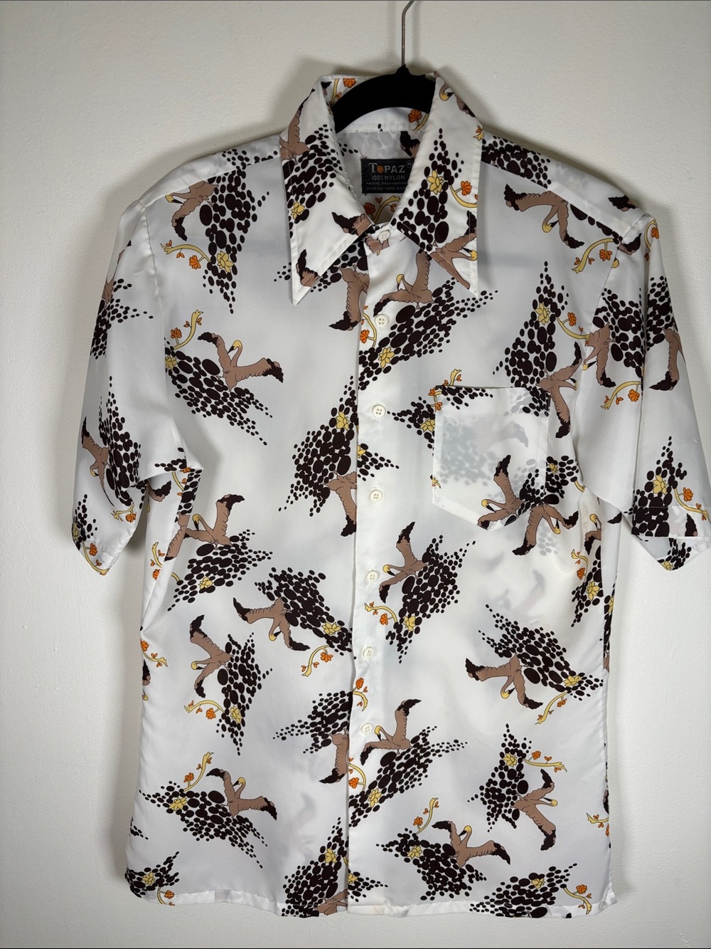 Vintage Topaz 70s Crane Print Nylon Button-Up Shirt Men's Size Medium